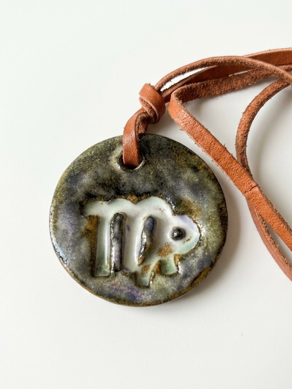 VTG Handmade Ceramic Virgo Zodiac Pendant Necklace Signed Val-David Quebec